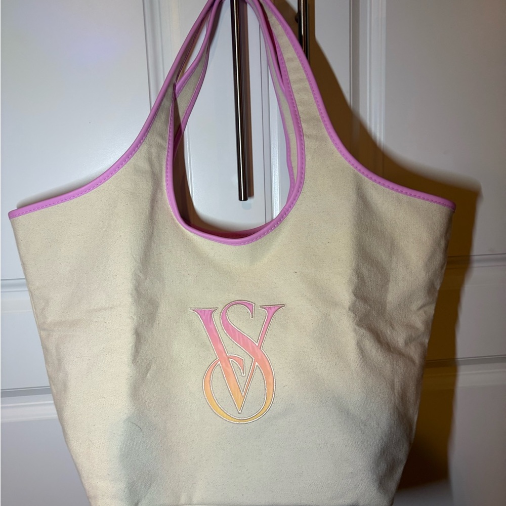 Victoria's Secret Cream Canvas Tote with Pink Trim and hombre VS Logo